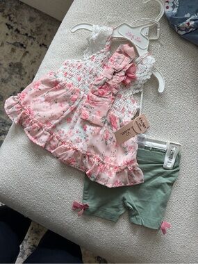 Little Lass Pink Floral Ruffle Tank Top with Green Bow Shorts